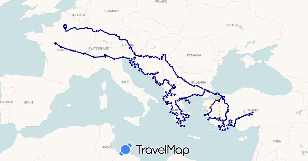 TravelMap itinerary: driving, hitchhiking in Albania, Austria, Bosnia and Herzegovina, Bulgaria, Germany, France, Greece, Croatia, Italy, Montenegro, Macedonia, Serbia, Slovenia, Turkey, Kosovo (Asia, Europe)